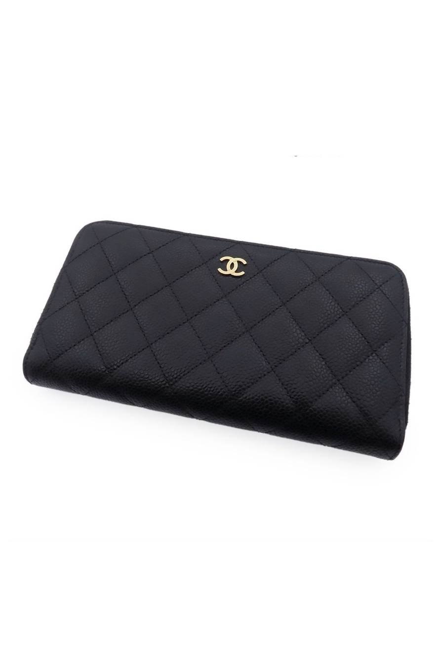 Chanel Classic Long Zip Wallet Black Gold Caviar Leather Quilted